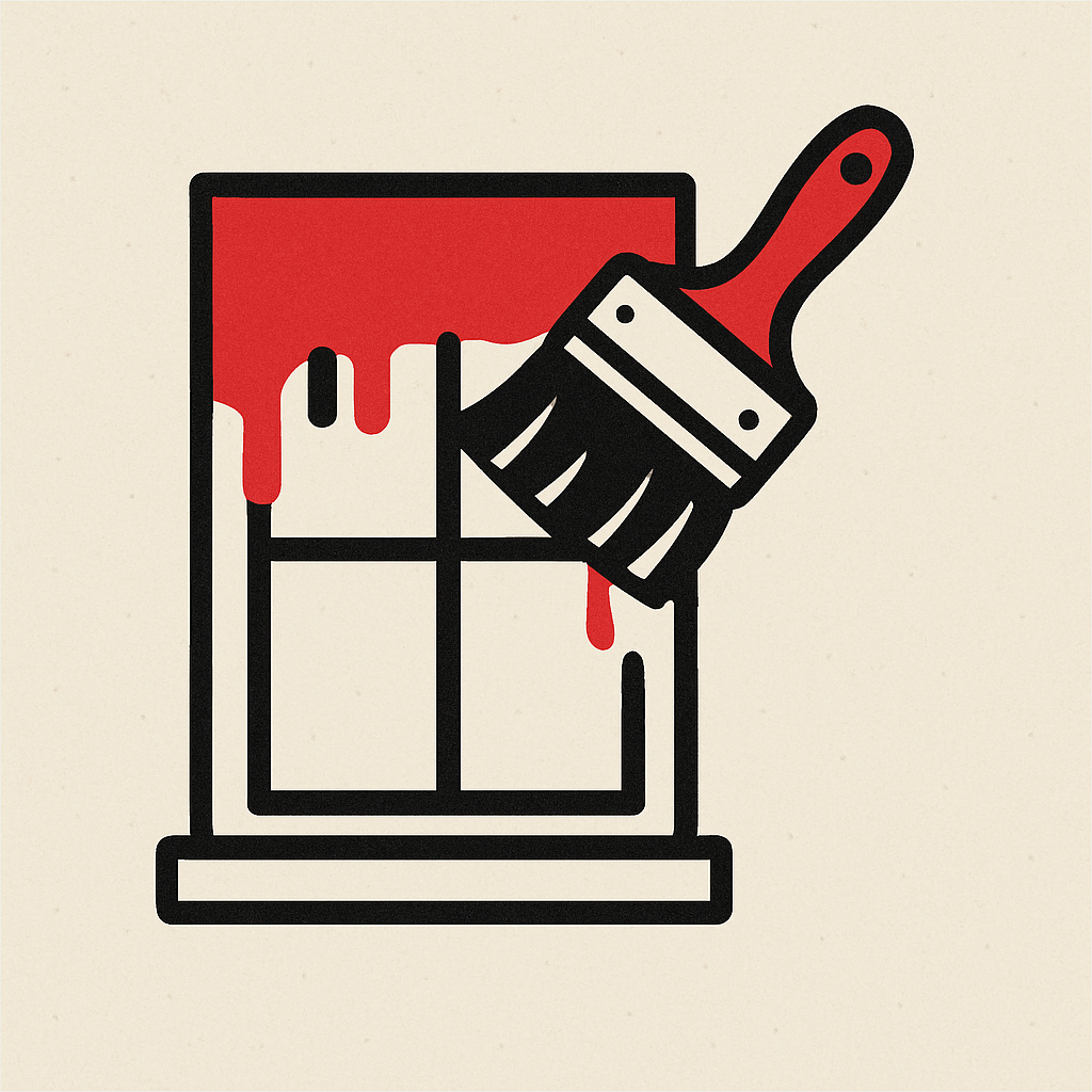 Cartoon picture of a window being painted to demonstrate exterior painting